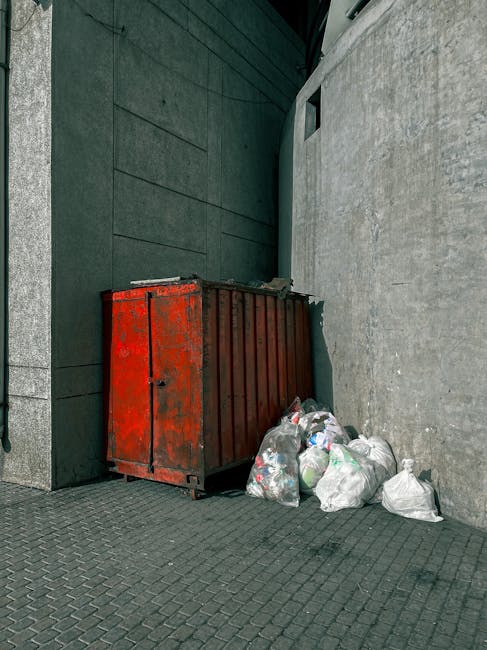 A large, industrial-style metal waste container with a weathered red finish, positioned against a dark green exterior wall and a light gray concrete wall in an urban alleyway. The container has visible rust and peeling paint, with its doors shut. To the right of the container, there are several clear plastic bags filled with mixed waste, including cardboard, plastic bottles, and household rubbish, placed directly on the paved ground. The paving surface consists of dark gray interlocking bricks, with a slight slope leading toward the alley. The scene is illuminated by natural daylight, creating soft shadows and highlighting the textures of the metal surface and surrounding walls. This setup suggests a private or independent waste collection effort, typical in limited access areas where rubbish is temporarily stored before removal, aligning with the context of alternative waste handling outside of municipal rubbish collection services. Rubbish Removal Waterloo's service could encompass collections similar to this outdoor alleyway cleanup, emphasizing on-site rubbish clearance and disposal.